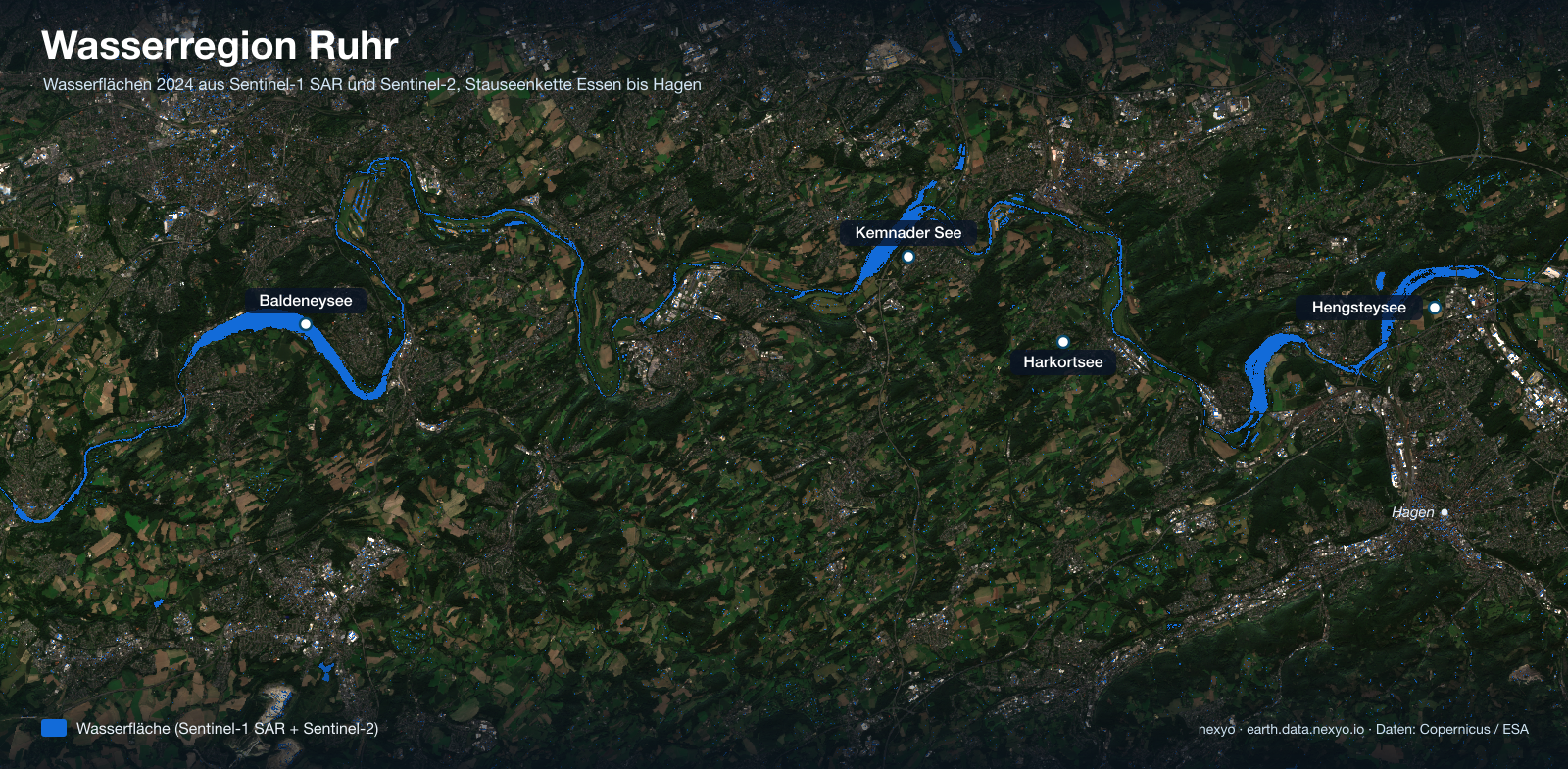 Wasserregion Ruhr: Wasserflächen aus Sentinel-1 und Sentinel-2, 2024